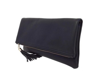 Faux leather zip-up tassel clutch