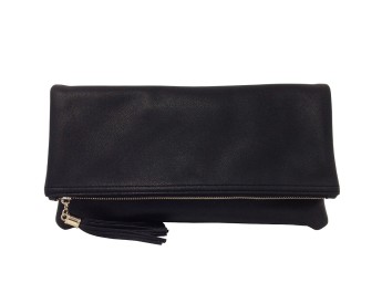 Faux leather zip-up tassel clutch