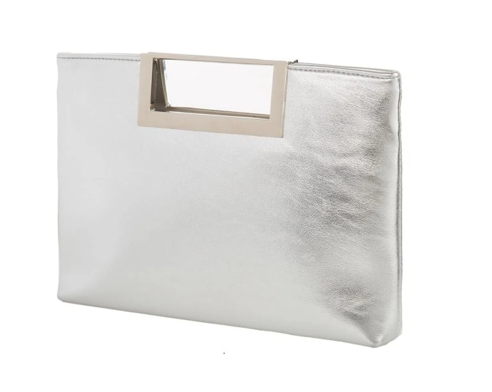 Silver Embossed Metal Top Handle Clutch