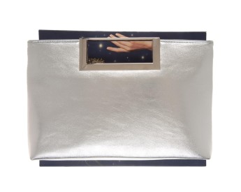 Silver Embossed Metal Top Handle Clutch