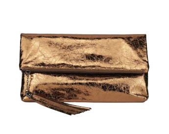 Crackle Metallic Tassel Foldover Clutch