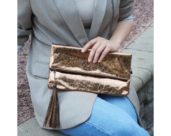 Crackle Metallic Tassel Foldover Clutch