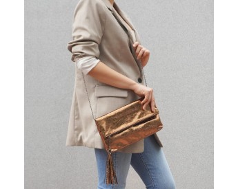 Crackle Metallic Tassel Foldover Clutch